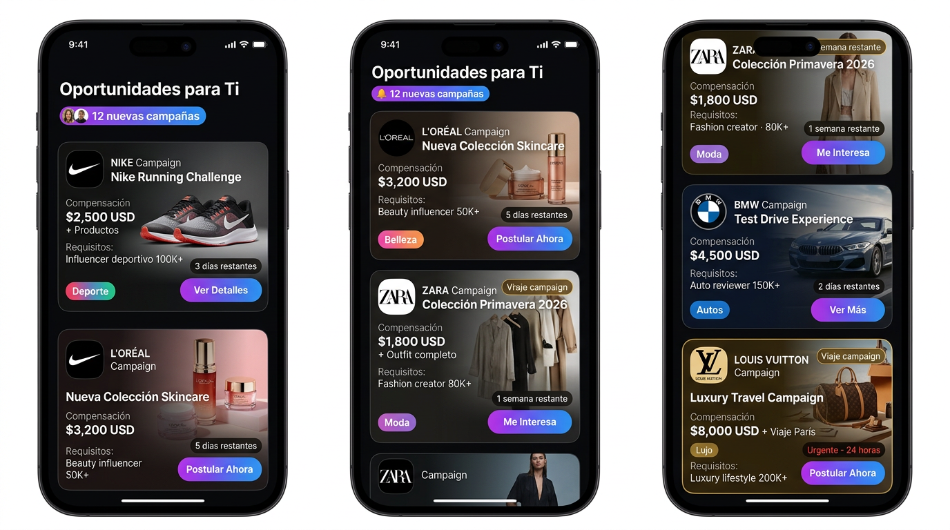Feed de oportunidades: Marcas como Nike, L'Oréal, Zara, BMW ofreciendo campañas a influencers