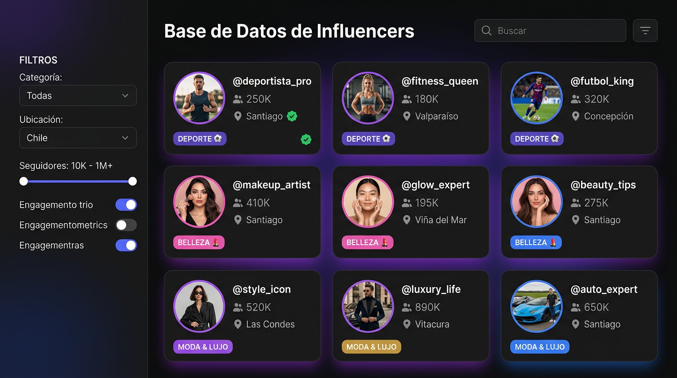 Base de datos de influencers por categorías: Deporte, Belleza, Moda, Lujo, Autos, con filtros de zona geográfica